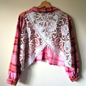 UPCYCLED Pink Distressed Plaid Lace Back Cropped Shirt Jacket - medium